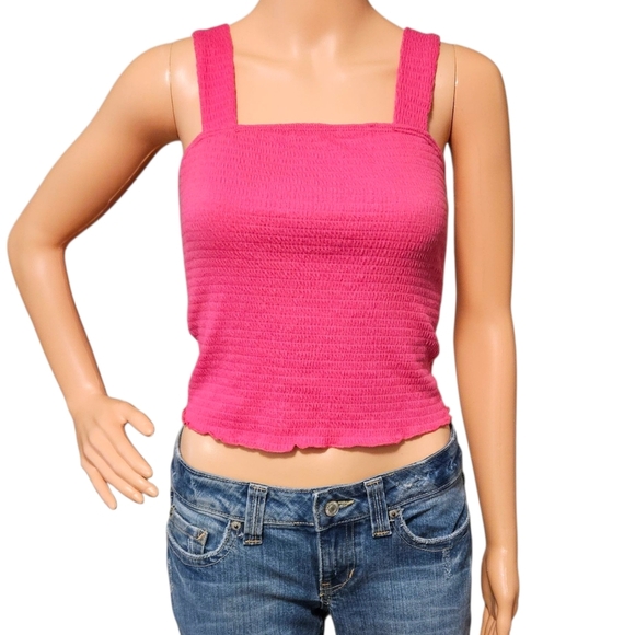 Paper Crane Smocked Tube Tank Top Pink Textured Stretch Crop Y2K Lettuce Hem S - Picture 2 of 8